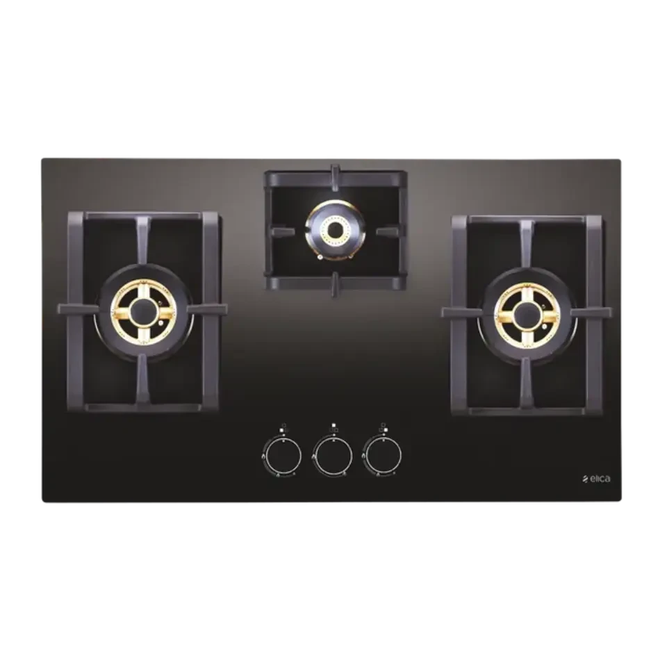 Elica Built PRO FB MFC 3B 75 DX FFD Built-in Hob (3 Brass Burners, 75 cm, Auto Ignition, Black Glass Finish)