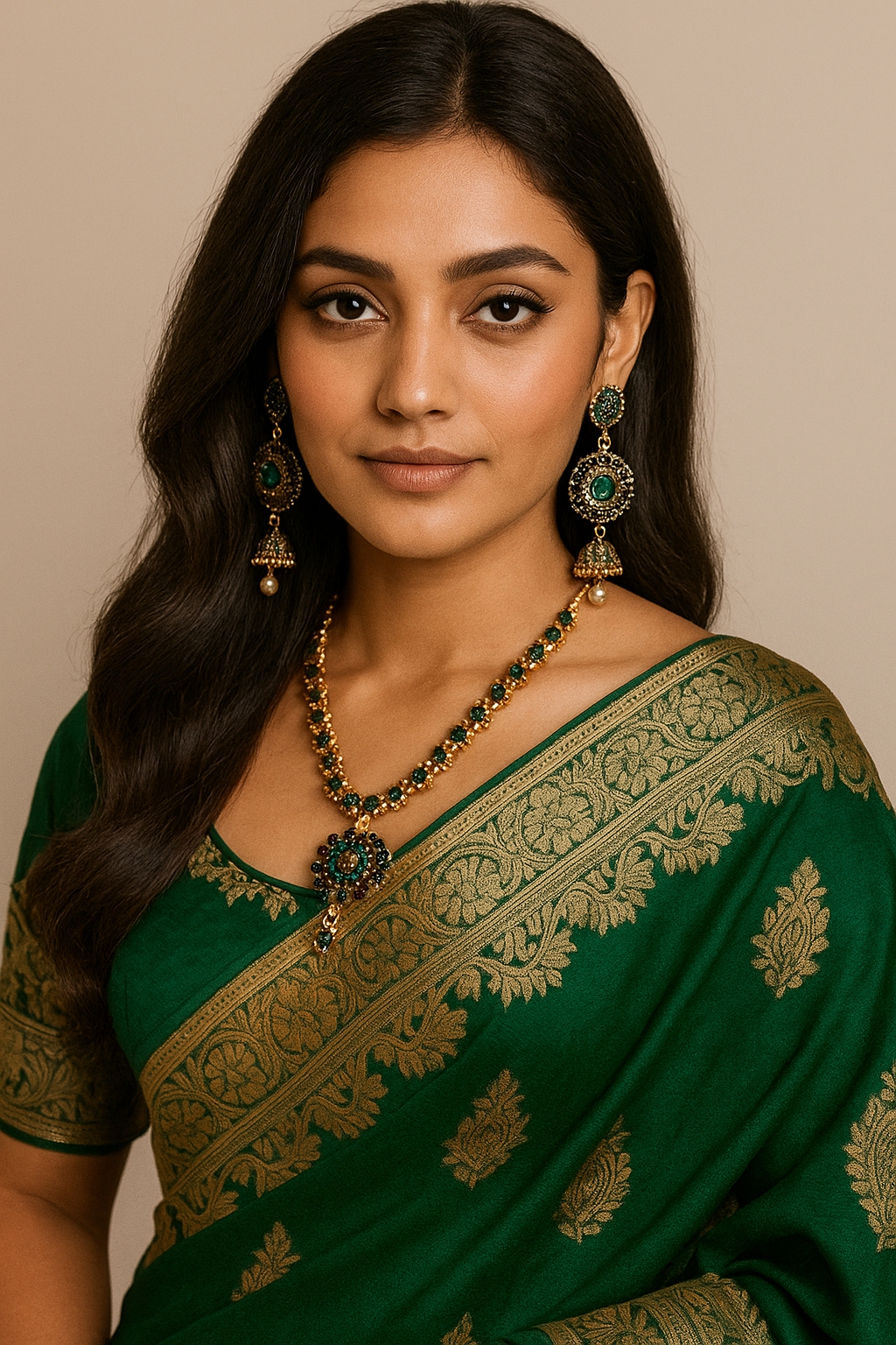 Floral Stone-Studded Necklace & Earring Set – Gold & Green Finish