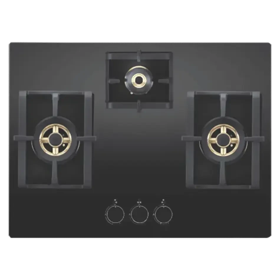 Elica Built PRO FB MFC 3B 70 DX FFD Built-in Hob (3 Brass Burners, 70 cm, Auto Ignition, Black Glass Finish)