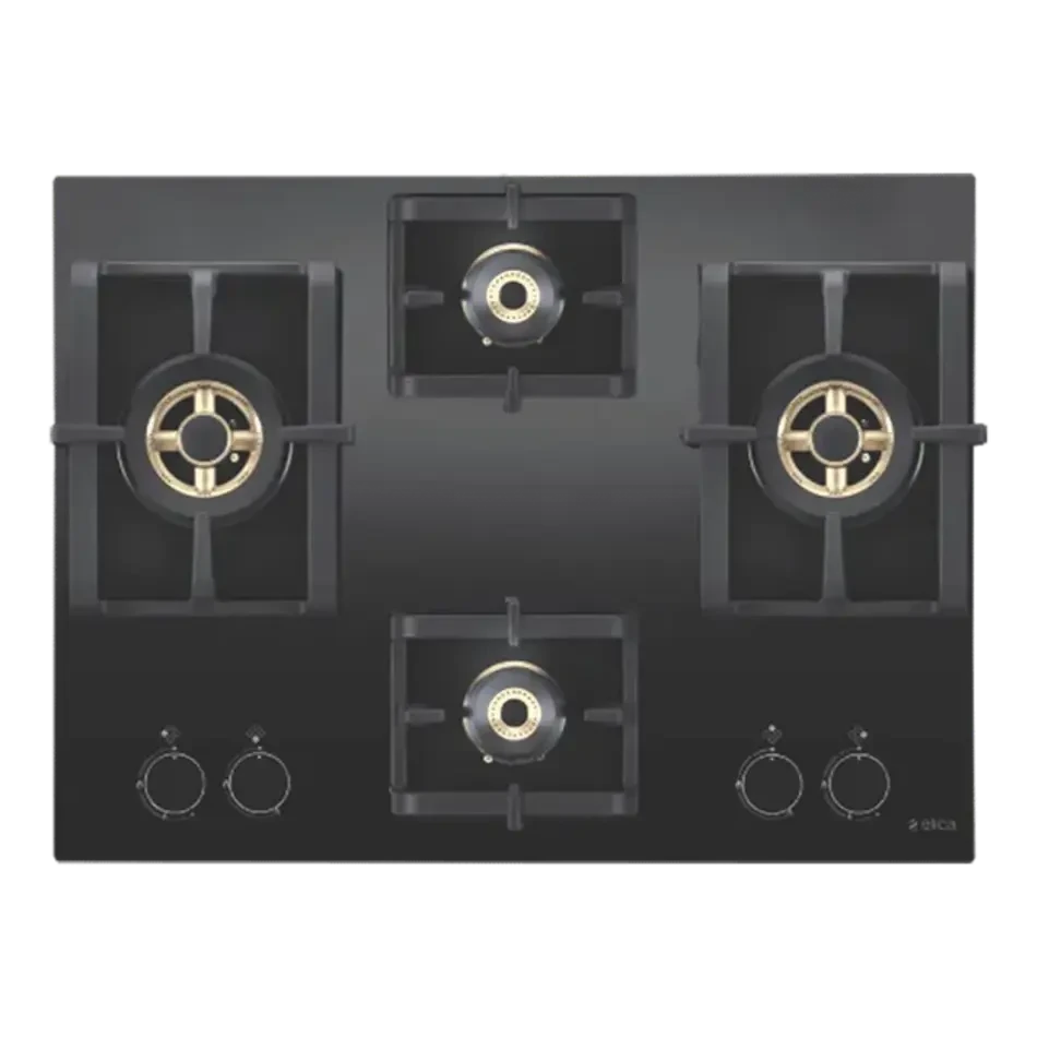 Elica Built PRO FB MFC 4B 70 DX FFD Built-in Hob (4 Brass Burners, 70 cm, Auto Ignition, Black Glass Finish)