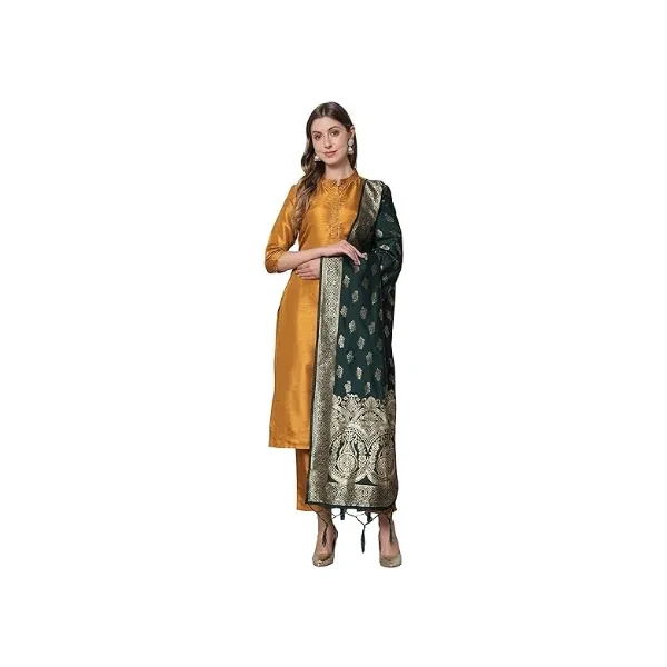 VredeVogel Women's Cotton Silk Blend Straight Kurta with Trouser Pant & Banarasi Silk Dupatta