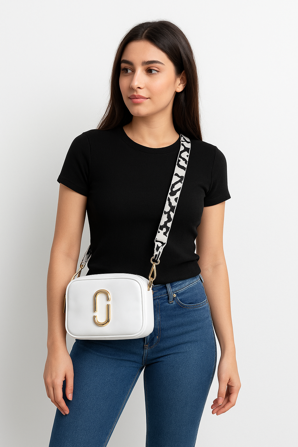 Stylish White Sling Bag with Adjustable Strap & Gold Accent