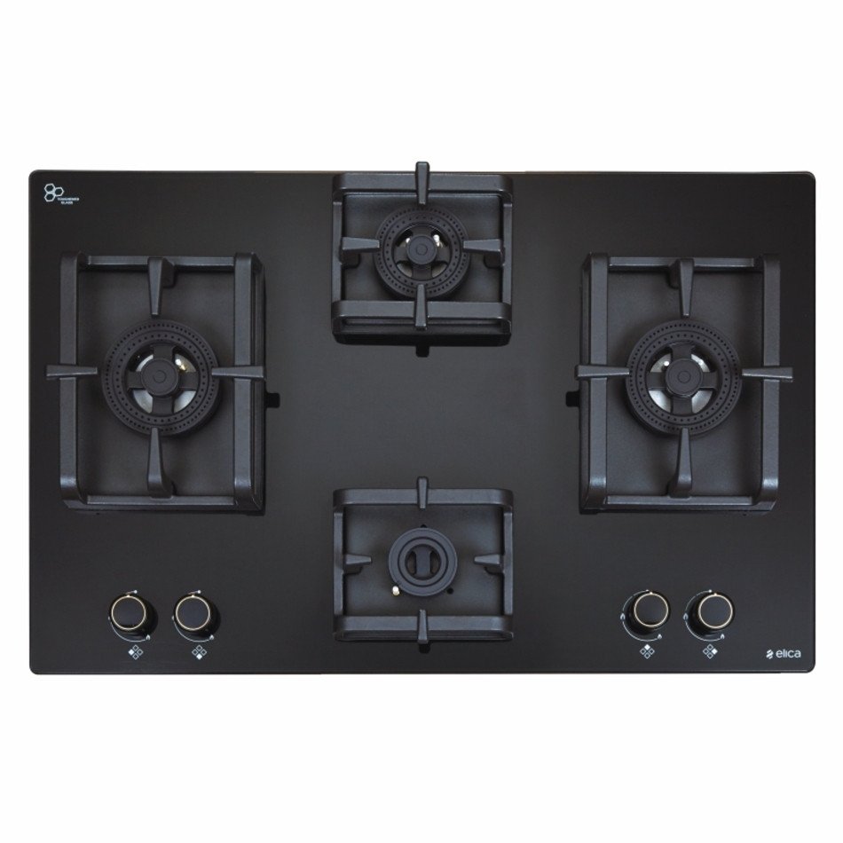Elica Built-in Hob FLEXI DFS PRO AB 4B 70 DX (4 Brass Burners, 70 cm, Black Glass, Auto Ignition)